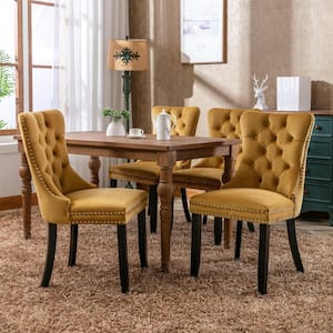 Modern High-end Gloden Tufted Solid Wood Velvet Upholstered Dining Chair with Wood Legs Nailhead Trim Set of 2