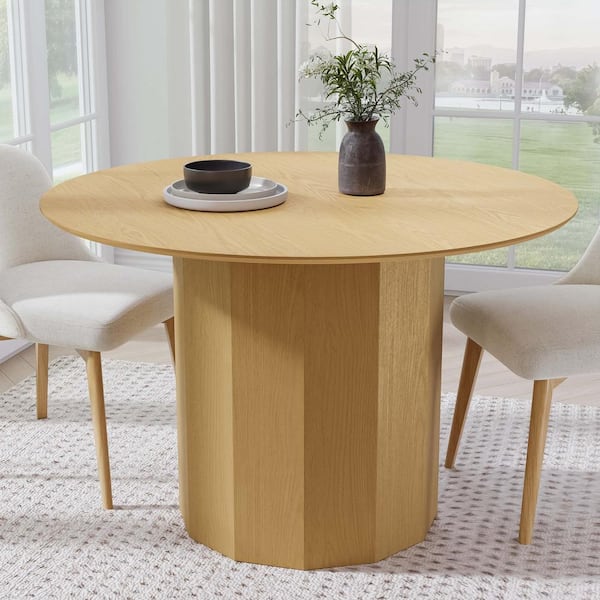 Lirago Round Oak Wood 46 in. Column Base Dining Table Seats 4