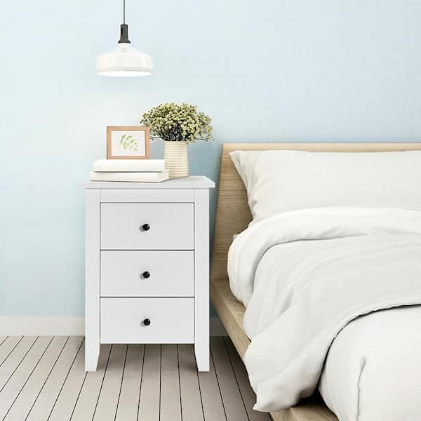 Clihome White Modern Nightstand with 3-Drawers for Living Room and Bedroom
