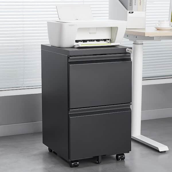 2-Drawer Black Metal 15.35 in. W Mobile File Cabinet with Lock and Wheels