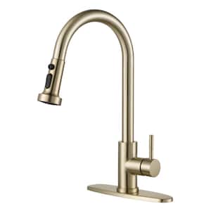 Single-Handle Wall Mount Gooseneck Pull Down Sprayer Kitchen Faucet Stainless Steel in Brushed Gold