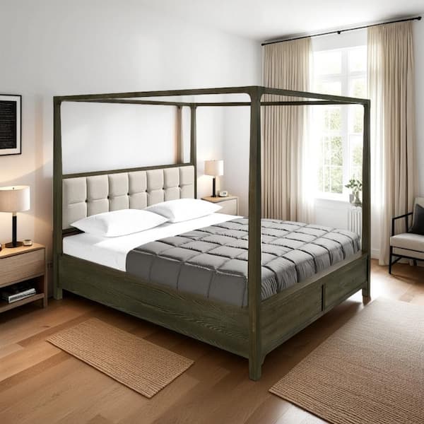 Benjara Seon California Dark Cocoa Brown and Ivory Hardwood Frame King Platform Bed with Upholstered Headboard