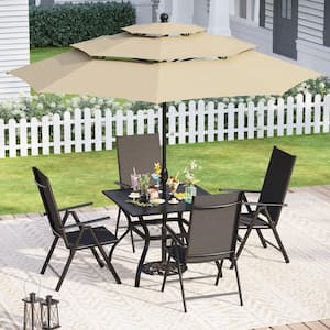 6-Piece Black Metal Patio Outdoor Dining Set with Umbrella and Black Folding Reclining Sling Chairs