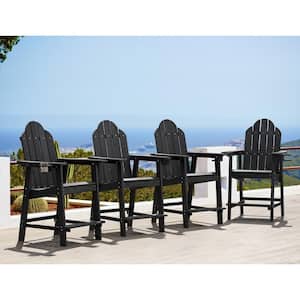 Hampton Black Plastic Patio Tall Adirondack Chair Weather Resistant Outdoor Bar Stool with Cup Holder (Set of 4)
