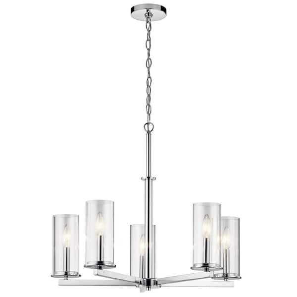 KICHLER Crosby 26.25 in. 5-Light Chrome Contemporary Candlestick Cylinder Chandelier for Dining Room