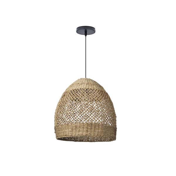1-Light Seagrass Rattan Pendant Light with Dome Shade 19.68 in.