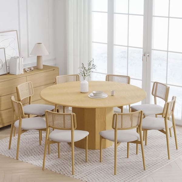 Lirago Cylindrical Natural Colored Wood 60 in. Column Base Duckbill Edge Dining Table for 8