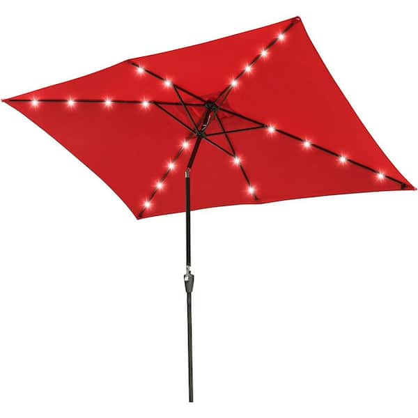 Unbranded 10 x 6.5 ft. Aluminum Pole Market Push Button Tilt Solar Powered LED Patio Umbrella in Red