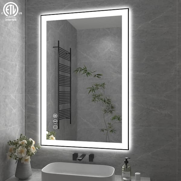 36 in. W x 24 in. H Rectangular Aluminum Framed Backlit and Front light LED wall mounted Bathroom Vanity Mirror in Black