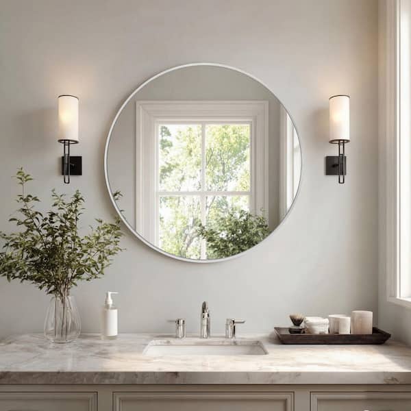 LuxHomez 24 in. W x 24 in. H Silver Vanity Round Wall Mirror Aluminum Alloy Frame Bathroom Mirror