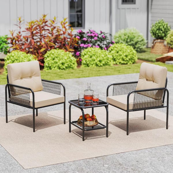 Costway Black 3-Piece Metal Outdoor Bistro Set with Tempered Glass Table Chairs Back and Beige Seat Cushions