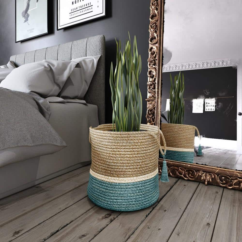 Handmade Round Jute Teal and Natural Storage Basket
