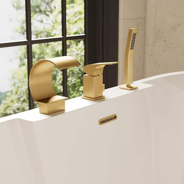 GRANDJOY Bathtub Faucet Single-Handle Deck Mount Roman Tub Faucet with Handheld in Brushed Gold Valve Included