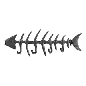 Dark Brown Cast Iron Fishbone Decorative Wall Sculpture Utility Hook Unit with 4 Hooks