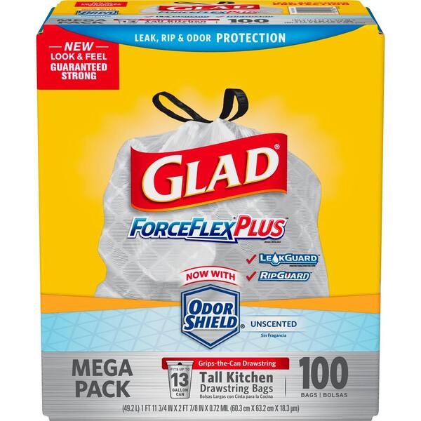 Glad ForceFlexPlus 13 Gal. White Tall Kitchen Drawstring Trash Bags (100-Case)