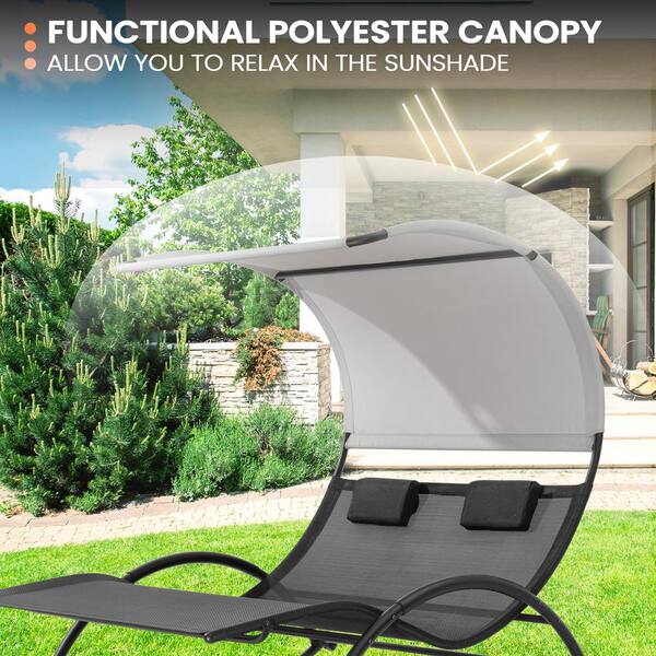 Pellebant Metal Patio Double Outdoor Rocking Chair in Gray with Sun Shade  Canopy, Wheels and Headrest (1-Piece) PB-LG009GRY