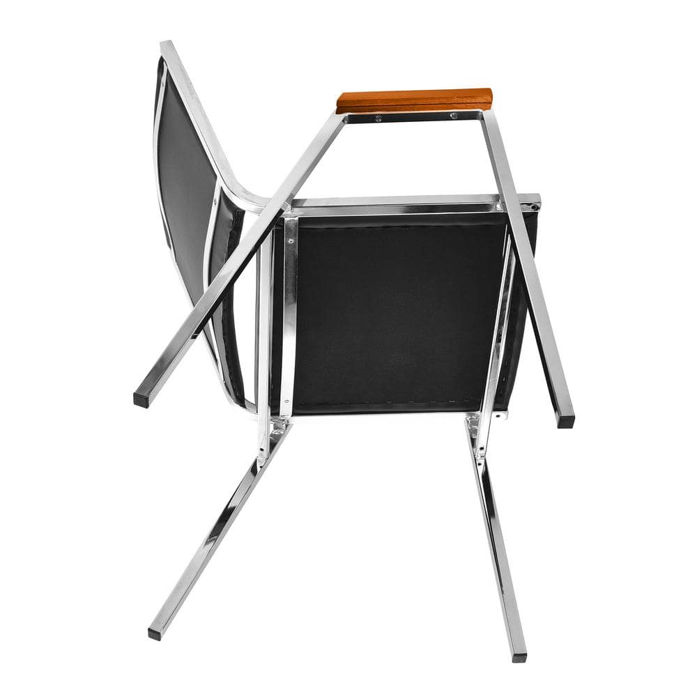 Black Vinyl and Metal Stackable Office Chair with Walnut Armrests