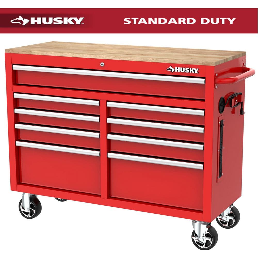 Husky Tool Storage 46 in. W x 18 in. D 9-Drawer Gloss Red Mobile