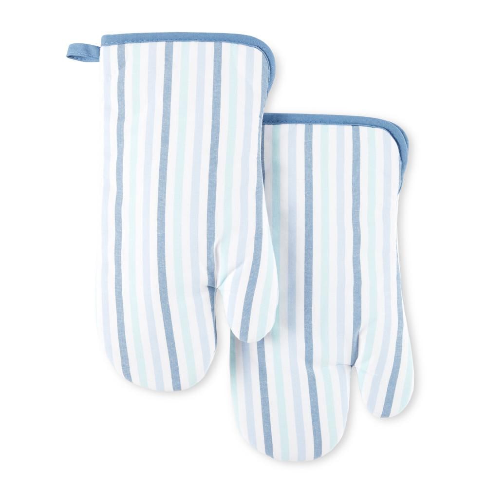 MARTHA STEWART Daisy Stripe Blue Cotton Oven Mitt (Set of 2