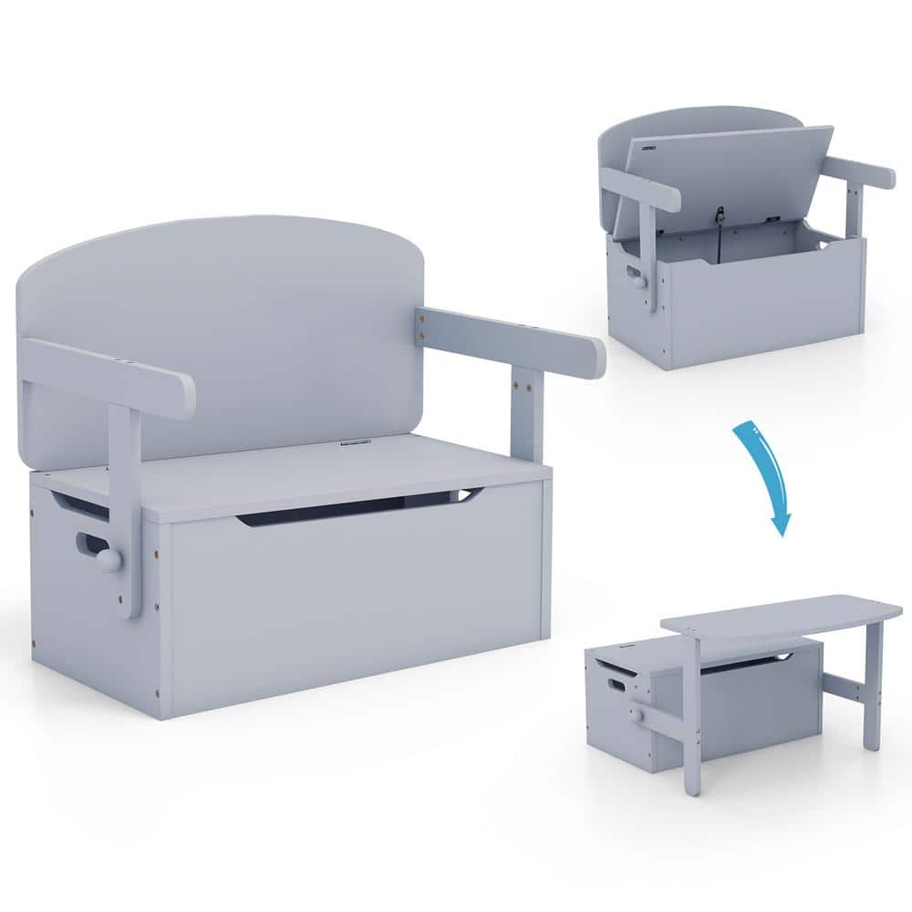 Costway 3 in. 1 Grey Wood Kids Convertible Storage Bench