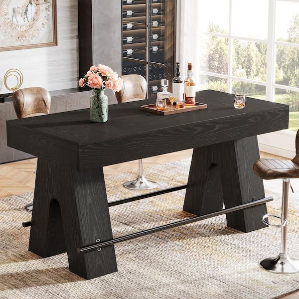 Kearsten Black 63 in. Bar Height Pub Table, Rectangular High Top Dining Counter Tables with Metal Footrest for Home Bar