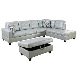 3-Piece-Silver-Faux Leather-6 Seats-L-Shaped-Right Facing-Sectionals
