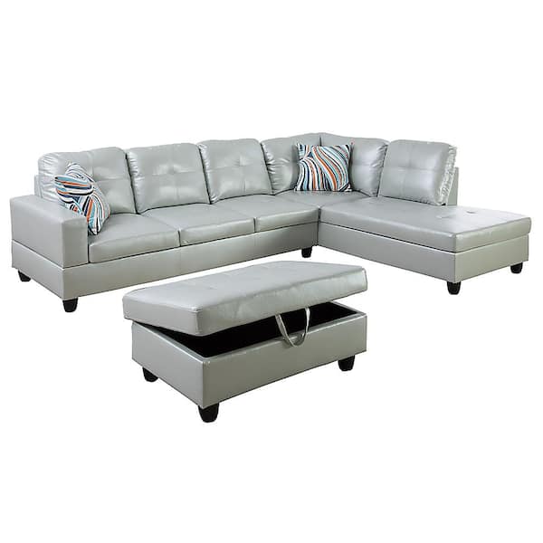 3 Piece Silver Faux Leather 6 Seats, White Faux Leather Sectional With Ottoman