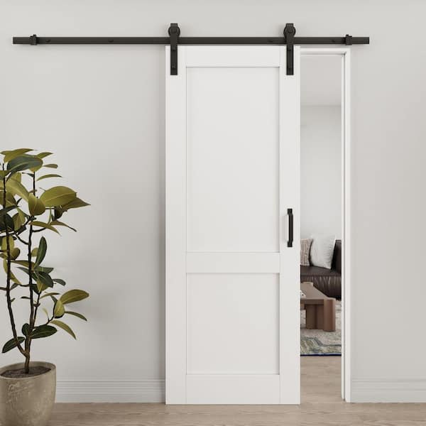 30 in. x 80 in. Paneled 2-Lite White Primed MDF Sliding Barn Door with Hardware Kit