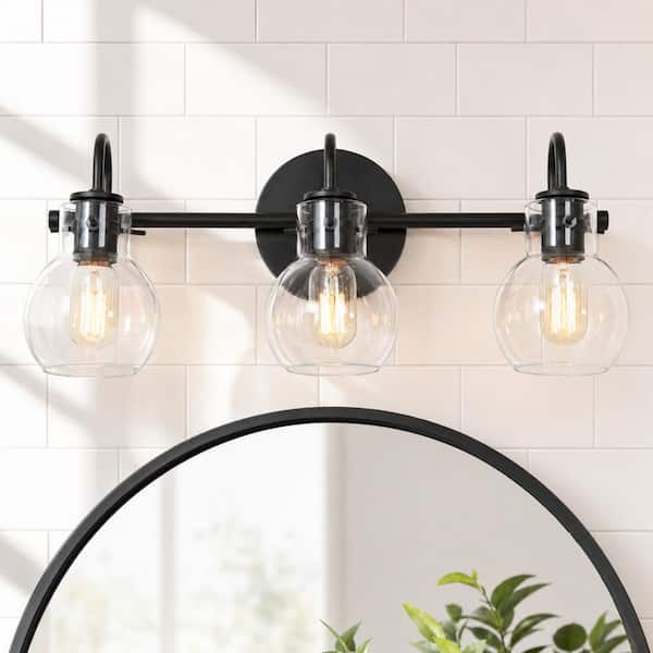 Modern 22 in. 3-Light Black Bathroom Vanity Light with Clear Glass Globe Shades Classic Wall Sconce for Damp Location