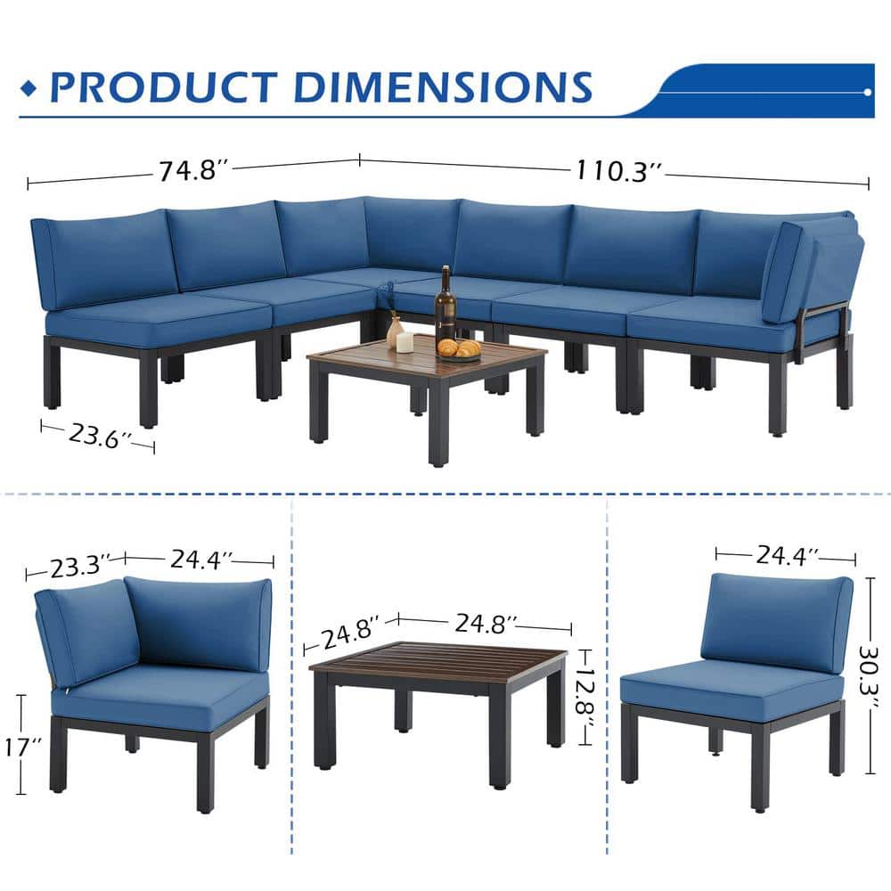 AECOJOY Black 7-Piece Metal Patio Sectional Conversation Set with Blue Cushions - 3