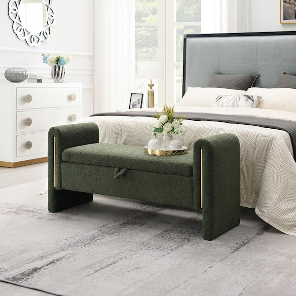 Noble House Lins Modern Upholstered Teddy Fabric Storage Ottoman Bench, Olive Green
