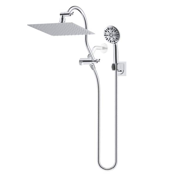 Hibbent High Pressure 7-Spray 10 in. Dual Wall Mount Fixed and Handheld Shower Head 1.8GPM in Chrome Finish