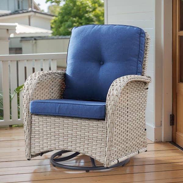 Opohoro Light Beige Wicker Outdoor Rocking Chair, Patio swivel rocking chair with Blue Cushions for Porch or Balcony (1-Pack)