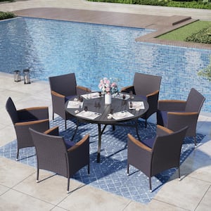 Black 7-Piece Metal Patio Outdoor Dining Sets with Round Table and Rattan Chairs with Blue Cushion