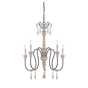 Ayana 28.5 in. W x 35 in. H 5-Light White Washed Driftwood Chandelier