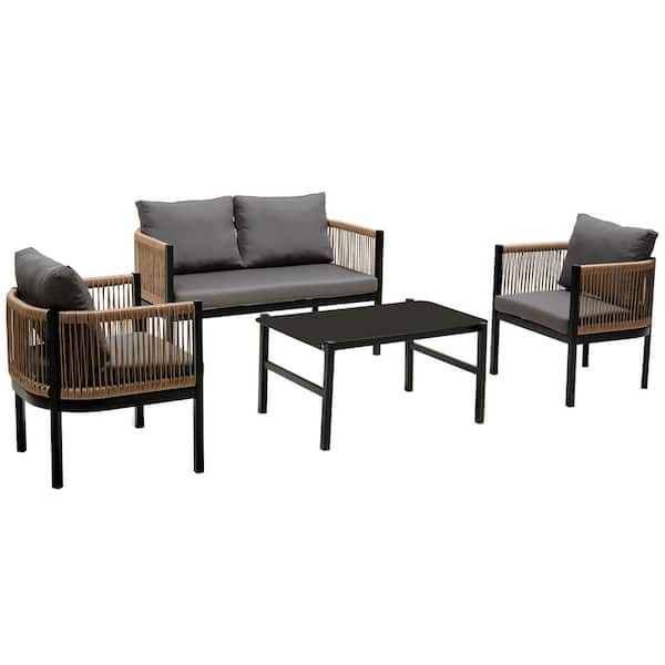 Sudzendf 4-Piece Wicker Patio Conversation Set with Gray Thick Cushions and Toughened Glass Table