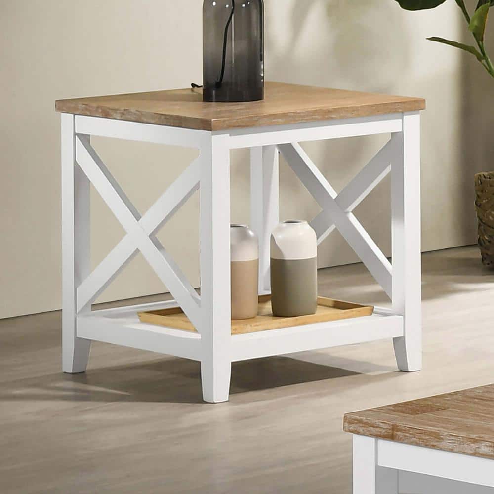 Coastal Brown and White Square Wooden End Table with Shelf