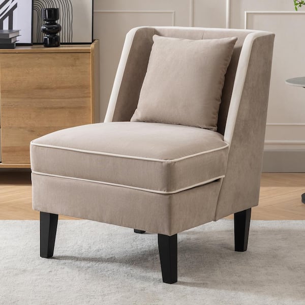Harper & Bright Designs Tan Velvet Upholstered Accent Chair with Cream Piping, One Pillow, Rubber Wood Legs, Wingback Design