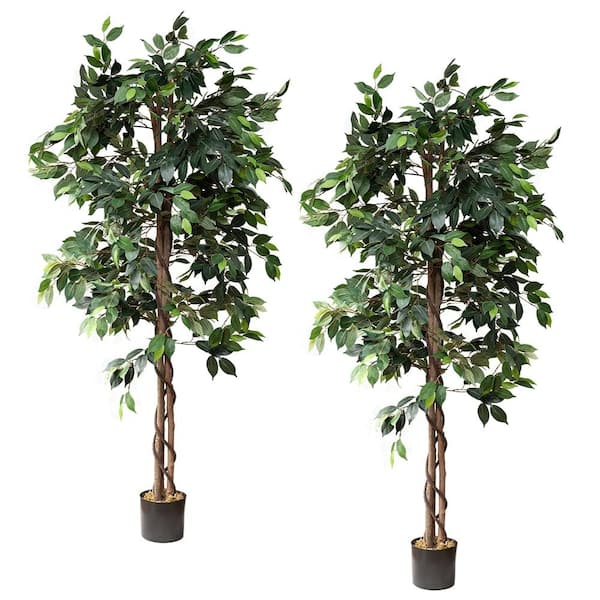 5FT Artificial Ficus Trees with Realistic Leaves and Natural Trunk, Faux  Ficus Tree with Sturdy Plastic Nursery Pot, Fake Ficus Tree for Office Home
