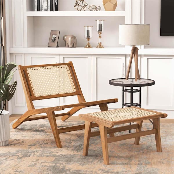 Natural Teak Wood Rattan Lounge Occasional Chair and Ottoman Set with Ergonomic Backrest