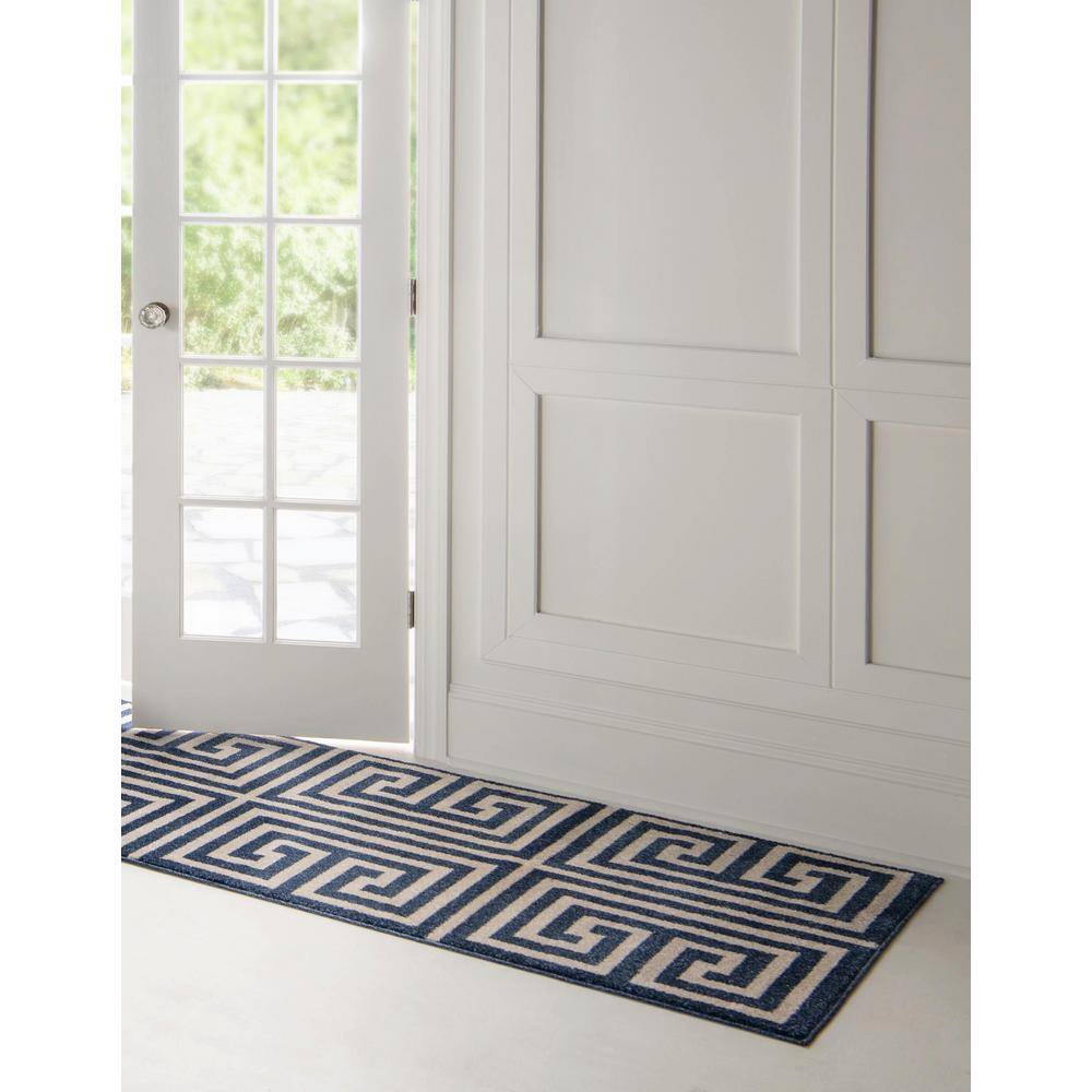 Navy Blue Geometric Stain-Resistant Synthetic Runner Rug