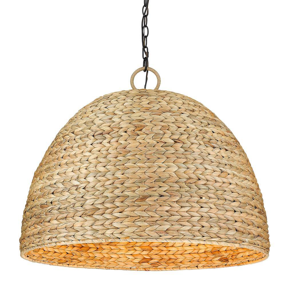 Matte Black and Woven Sweet Grass Dome Pendant Light