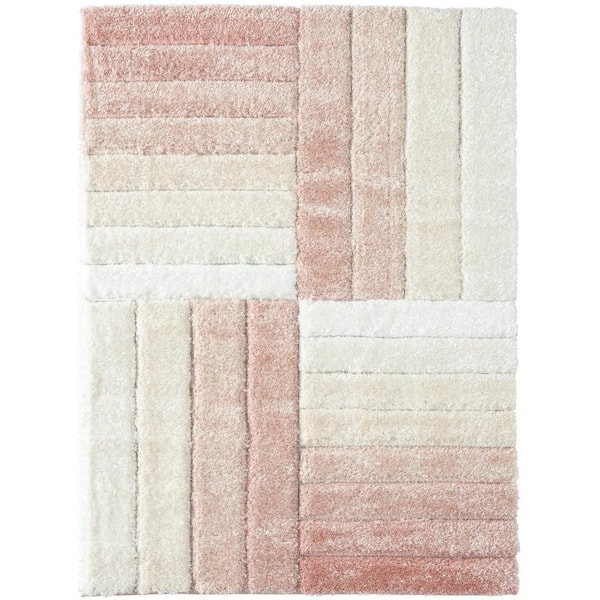 LUXE WEAVERS Lantanas Collection Pink 5 ft. x 7 ft. Shag Geometric Striped Polypropylene Area Rug