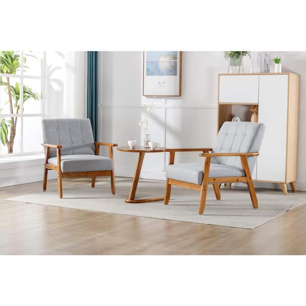 Zeus & Ruta 3-Piece Wood Outdoor Indoor Accent Chaise Lounge Chairs with 1 Side Table, Light Gray Cushions for Living Room, Bedroom