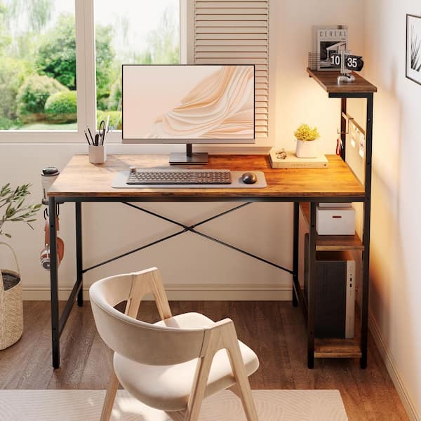44 in. Rectangular Rustic Brown Computer Desk with 4 Tier Storage Shelves and Hook，Home Office Desk with LED Lights