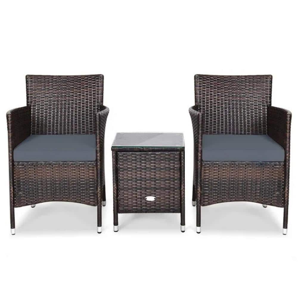 Brown 1 Piece Wicker Outdoor Lounge Chair Without Sunshade with Gray Cushio