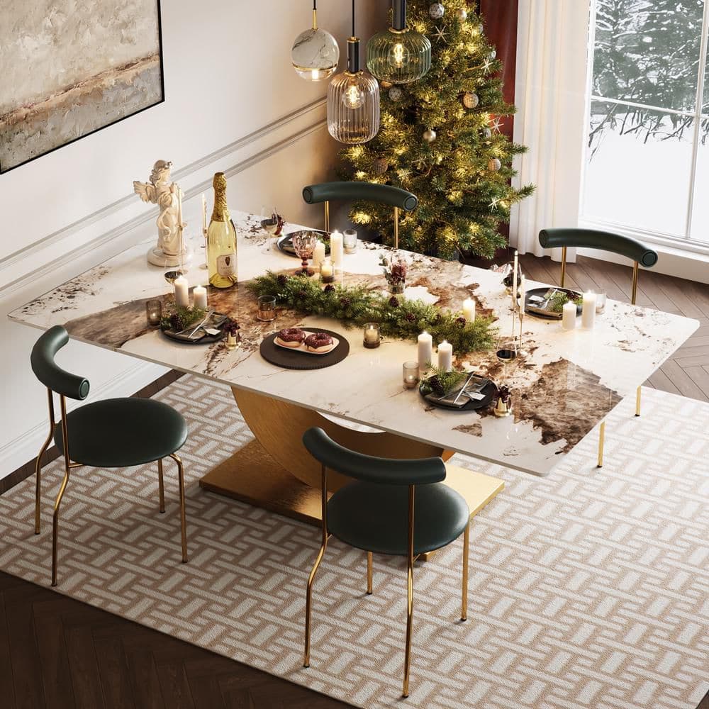 BYBLIGHT Roesler White Gold 78.7 in. Pedestal Luxury Dining Table