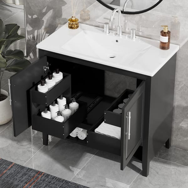 36 in. W x 18 in. D x 34 in. H Single Sink Fresstanding Bath Vanity in Black with White Ceramic Top and Drawers