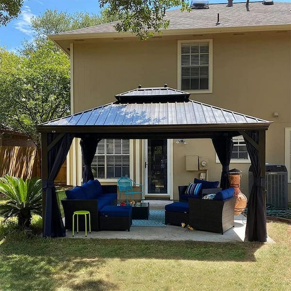 PURPLE LEAF 10 ft. x 13 ft. Patio Outdoor Gazebo for Backyard Hardtop Galvanized Steel Frame with Balls in Navy Blue