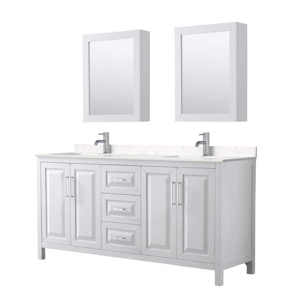 Wyndham Collection Daria 72in.x22in. Double Vanity in White with Cultured Marble Vanity Top in Light Vein Carrara with Basins and Med Cabs